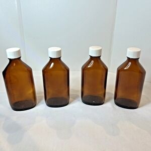 Set of 4 Vtg Rafa‎ Amber Flat Glass Bottles Lids 3.5oz Owen's-Illinois Glass Co